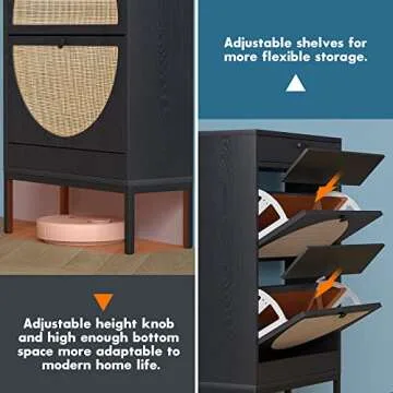 Brafab Shoe Cabinet, Shoe Rack Storage Organizer with 2 Flip Drawers, Natural Rattan Weave Shoe Storage Cabinet for Sneakers, Slippers (Black)…