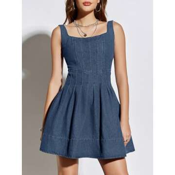 Wenrine Women's Summer Tank Denim Mini Dress Casual Sweetheart Neck Adjustable Strap A Line Jean Dre...