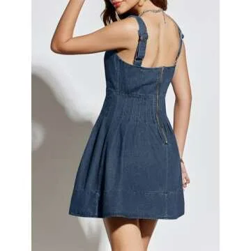 Wenrine Women's Summer Tank Denim Mini Dress Casual Sweetheart Neck Adjustable Strap A Line Jean Dress