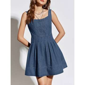 Wenrine Women's Summer Tank Denim Mini Dress Casual Sweetheart Neck Adjustable Strap A Line Jean Dress