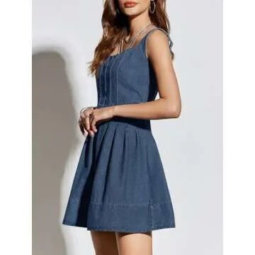 Wenrine Women's Summer Tank Denim Mini Dress Casual Sweetheart Neck Adjustable Strap A Line Jean Dress