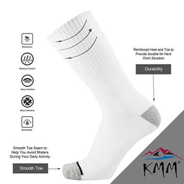 KMM Men's Cotton Full Thick Cushion Crew Socks Moisture Control Heavy Duty Work Boot Warm Thermal Anti Wicking Sweat Blisters 6P(White L)
