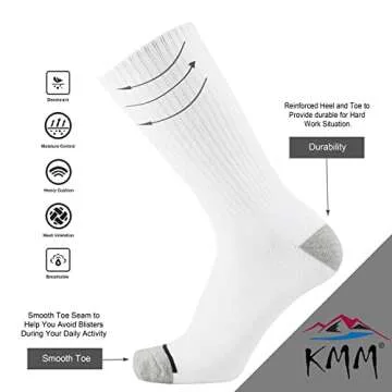 KMM Men's Cotton Full Thick Cushion Crew Socks Moisture Control Heavy Duty Work Boot Warm Thermal Anti Wicking Sweat Blisters 6P(White L)