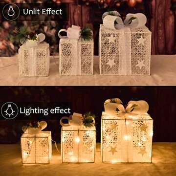 COVFEVER Christmas Lighted Gift Boxes with Star Ornament, 3 Pack Pre-lit Present Boxes Set Battery O...