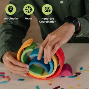 AVDAR 7Pcs Wooden Rainbow Stacker Toy, Wooden Rainbow Stacking Toy, Montessori Nesting Puzzle for Kids, Rainbow Blocks