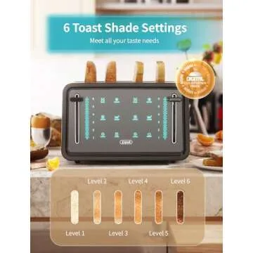 Gevi Toaster 4 Slice,Led Display Touchscreen Bagel Toaster with Dual Control Panels of Bagel/Reheat/Defrost/Cancel/Toasting One Slice/Longer Function,6 Shade Setting
