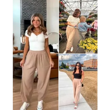 Xiaoxuemeng Women's Baggy Palazzo Pants Elastic Waist Khaki