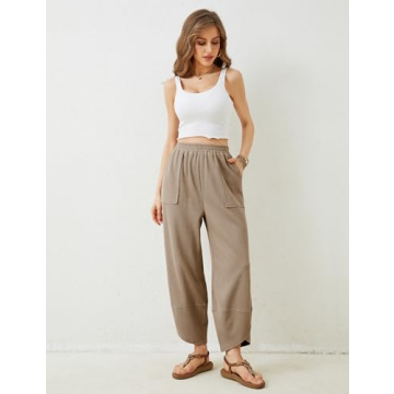 Xiaoxuemeng Women's Baggy Palazzo Pants Elastic Waist Khaki