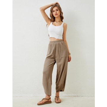 Xiaoxuemeng Women's Baggy Palazzo Pants Elastic Waist Khaki