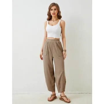 Xiaoxuemeng Women's Baggy Palazzo Pants Elastic Waist Khaki