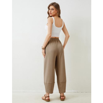 Xiaoxuemeng Women's Baggy Palazzo Pants Elastic Waist Khaki