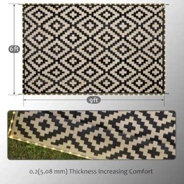 SAND MINE Reversible Mats with Led Strip Lights, Plastic Straw Rug, Modern Area Rug, Large Floor Mat for Outdoors, Patio, Backyard, Deck, Picnic, Camping, Black & Beige, 6' x 9'