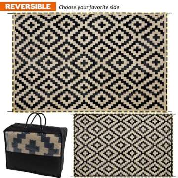 SAND MINE Reversible Mats with Led Strip Lights, Plastic Straw Rug, Modern Area Rug, Large Floor Mat for Outdoors, Patio, Backyard, Deck, Picnic, Camping, Black & Beige, 6' x 9'