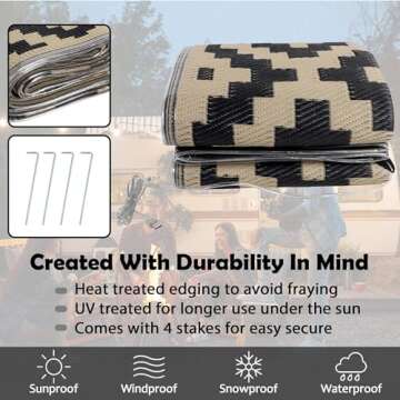 SAND MINE Reversible Mats with Led Strip Lights, Plastic Straw Rug, Modern Area Rug, Large Floor Mat for Outdoors, Patio, Backyard, Deck, Picnic, Camping, Black & Beige, 6' x 9'