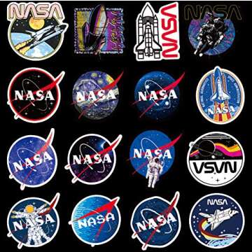 50 Pcs NASA Stickers Space Explorer Decals for Water Bottle Laptop Luggage Car Bike Bicycle Waterproof Vinyl Universe Astronaut Stickers Pack
