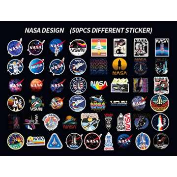 50 Pcs NASA Stickers Space Explorer Decals for Water Bottle Laptop Luggage Car Bike Bicycle Waterproof Vinyl Universe Astronaut Stickers Pack
