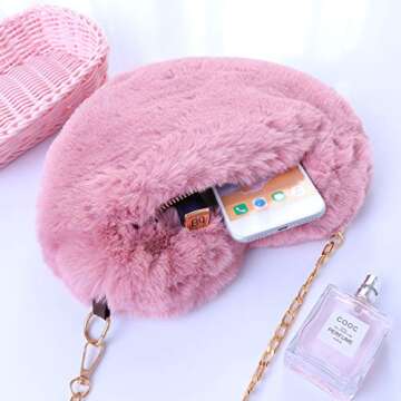 FENICAL Cellphone Purse Plush Heart Shaped Crossbody Bag with Chain Cute Fluffy Shoulder Bag for Wom...