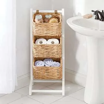 mDesign Water Hyacinth 3-Tiered Storage Baskets - Stylish Floor Stand for Organizing