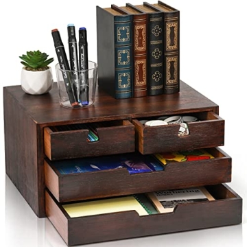 DEAYOU Bamboo Desk Organizer - Stylish Storage Cabinet Box with 4 Drawers