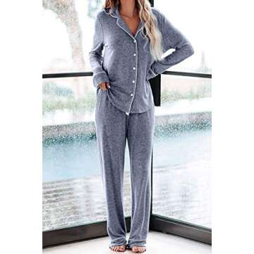 Aamikast Women's Two-piece Classic knit Pajama Sets Long Sleeve Button Down Sleepwear (XL, Lake Blue...