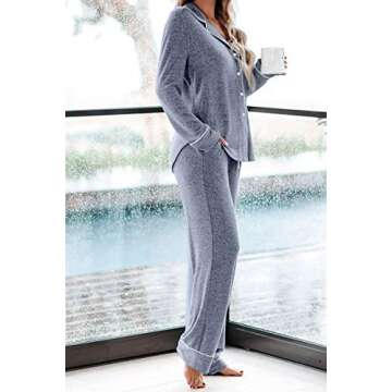 Aamikast Women's Two-piece Classic knit Pajama Sets Long Sleeve Button Down Sleepwear (XL, Lake Blue)