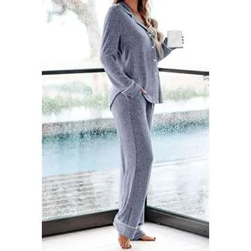 Aamikast Women's Two-piece Classic knit Pajama Sets Long Sleeve Button Down Sleepwear (XL, Lake Blue)