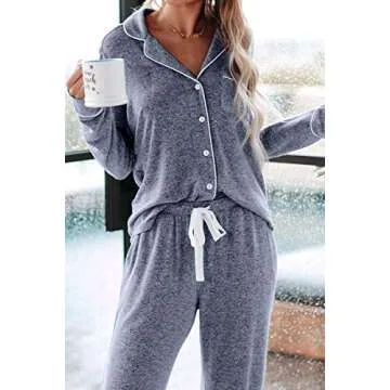 Aamikast Women's Two-piece Classic knit Pajama Sets Long Sleeve Button Down Sleepwear (XL, Lake Blue)