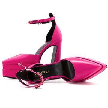 FINDVELL Chunky Platform Heels for Women Pumps Hot Pink Block High Heels Dress Closed Toe Ankle Strap Rhinestone Wedding Shoes Sandals Size 6.5