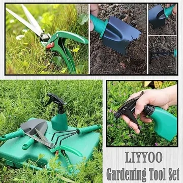 LIYYOO Garden Tool Set,10 PCS Gardening Tools Set with Carrying Case,Gardening Hand Tools,Ergonomic Hand Tool, Pruner, Rake, Shovel, Trowel, Sprayer, Gardening Gifts for Women