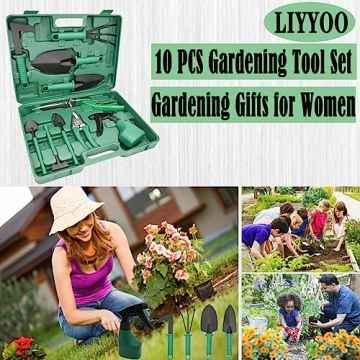 LIYYOO Garden Tool Set,10 PCS Gardening Tools Set with Carrying Case,Gardening Hand Tools,Ergonomic Hand Tool, Pruner, Rake, Shovel, Trowel, Sprayer, Gardening Gifts for Women