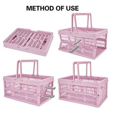 ZHJINGYU crates for storage,plastic baskets for organizing,collapsible shopping basket,foldable crate with Handles,collapsible storage crate,car basket,for Kitchen,Bathroom,Medicine.small,Pink