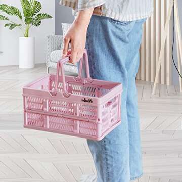 ZHJINGYU crates for storage,plastic baskets for organizing,collapsible shopping basket,foldable crate with Handles,collapsible storage crate,car basket,for Kitchen,Bathroom,Medicine.small,Pink