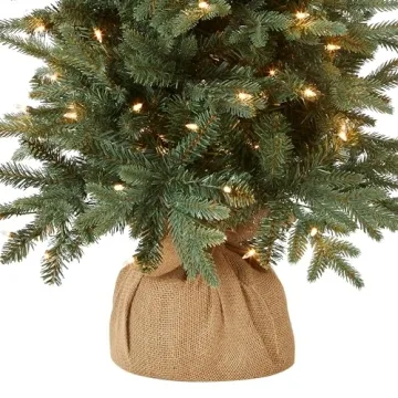 National Tree Company Pre-lit Artificial Mini Christmas Tree | Includes Small Lights and Cloth Bag Base | for Tabletop or Desk | Burlap-4 ft, 4', Green