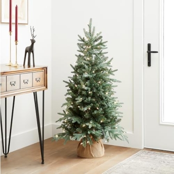 National Tree Company Pre-lit Artificial Mini Christmas Tree | Includes Small Lights and Cloth Bag Base | for Tabletop or Desk | Burlap-4 ft, 4', Green