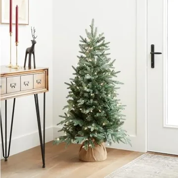 National Tree Company Pre-lit Artificial Mini Christmas Tree | Includes Small Lights and Cloth Bag Base | for Tabletop or Desk | Burlap-4 ft, 4', Green