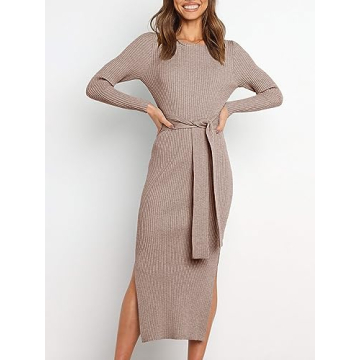 ANRABESS Womens Long Sleeve Sweater Dress Crew Neck Slim Fit Slit Tie Waist 2024 Ribbed Knit Bodycon Midi Dress Fall Outfits 623huatuo-S Camel