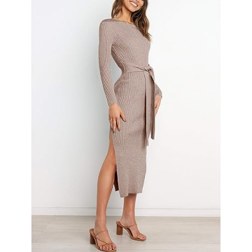 ANRABESS Womens Long Sleeve Sweater Dress Crew Neck Slim Fit Slit Tie Waist 2024 Ribbed Knit Bodycon Midi Dress Fall Outfits 623huatuo-S Camel