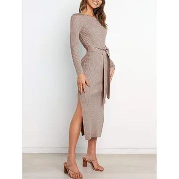 ANRABESS Womens Long Sleeve Sweater Dress Crew Neck Slim Fit Slit Tie Waist 2024 Ribbed Knit Bodycon Midi Dress Fall Outfits 623huatuo-S Camel