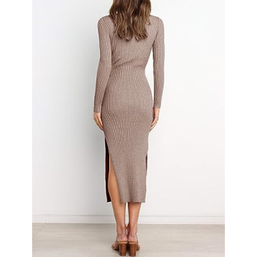 ANRABESS Womens Long Sleeve Sweater Dress Crew Neck Slim Fit Slit Tie Waist 2024 Ribbed Knit Bodycon Midi Dress Fall Outfits 623huatuo-S Camel