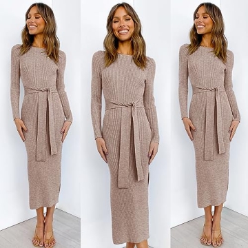 ANRABESS Womens Long Sleeve Sweater Dress Crew Neck Slim Fit Slit Tie Waist 2024 Ribbed Knit Bodycon Midi Dress Fall Outfits 623huatuo-S Camel