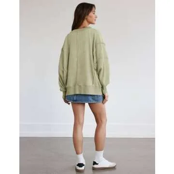 miduo Womens 2025 Fall Clothes Loose Waffle Knit Sweatshirts V Neck Long Sleeve Pullover Sweatshirts Outerwear Light Green M