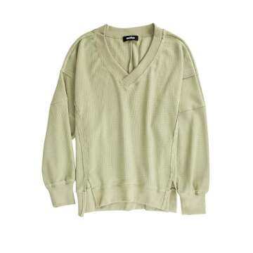 miduo Womens 2025 Fall Clothes Loose Waffle Knit Sweatshirts V Neck Long Sleeve Pullover Sweatshirts Outerwear Light Green M