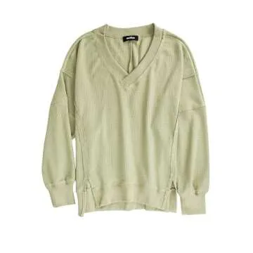 miduo Womens 2025 Fall Clothes Loose Waffle Knit Sweatshirts V Neck Long Sleeve Pullover Sweatshirts Outerwear Light Green M