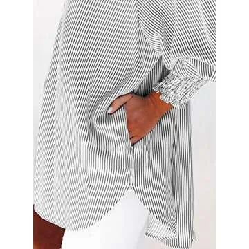 Women's Smocked Cuffed Striped Boyfriend Shirt - Stylish Comfort