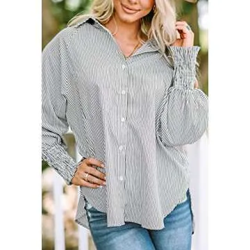 Women's Smocked Cuffed Striped Boyfriend Shirt - Stylish Comfort