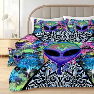 SleepWish Trippy Alien by Brizbazaar Comforter Set Colorful Tie Dye Bedding Sets Psychedelic Outer Space Bedspreads Boho Reversible Alien Bedset for Adults Men Boys (4 Pieces, Blue, King)
