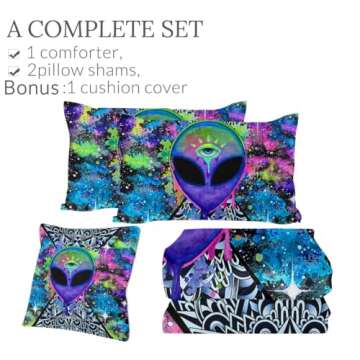 SleepWish Trippy Alien by Brizbazaar Comforter Set Colorful Tie Dye Bedding Sets Psychedelic Outer Space Bedspreads Boho Reversible Alien Bedset for Adults Men Boys (4 Pieces, Blue, King)