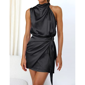 ZESICA Satin Halter Neck Bodycon Mini Dress for Parties