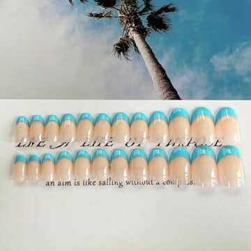 DANMANR Square Press on Nails Short Fake Nails French Acrylic Full Cover False Nails for Women and Girls 24PCS (Blue French)