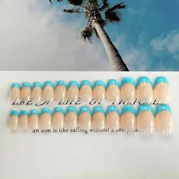 DANMANR Square Press on Nails Short Fake Nails French Acrylic Full Cover False Nails for Women and Girls 24PCS (Blue French)